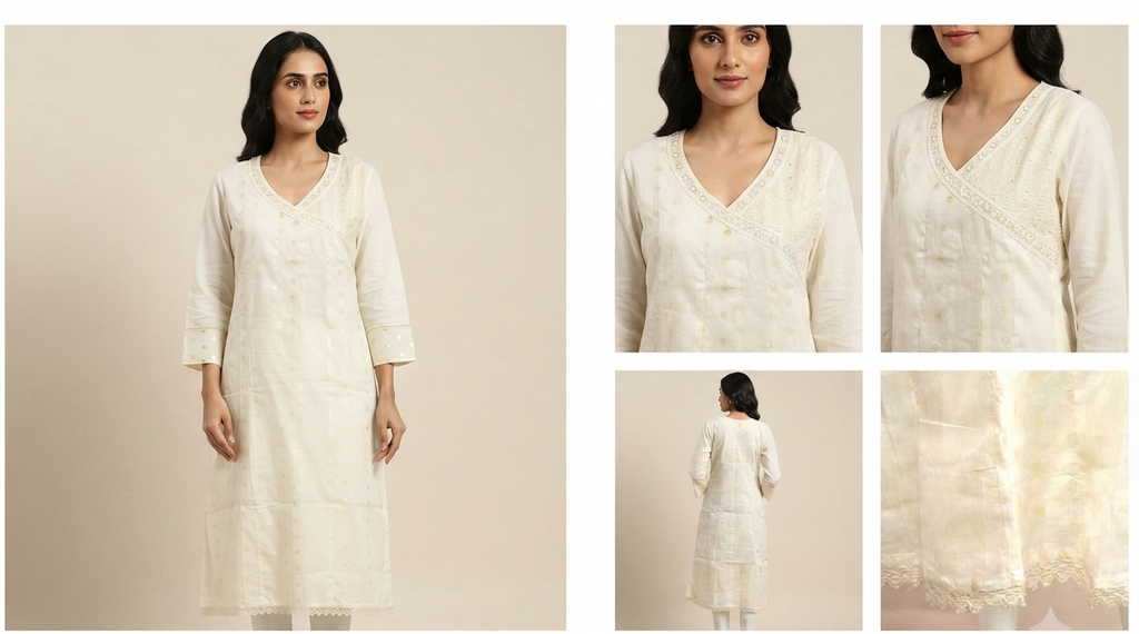 Women's Off-White Embroidered Cotton Blend Kurti | Elegant V-Neck Straight Fit Ethnic Top with 3/4 Sleeves
