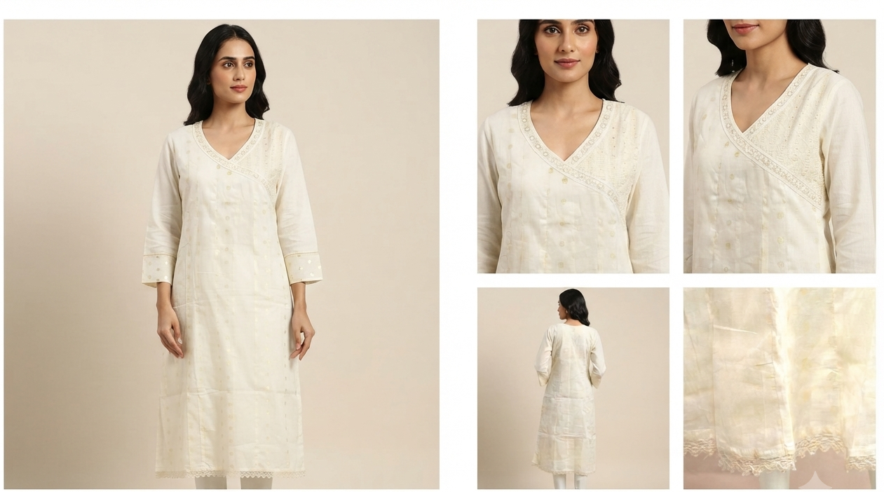 Women's Off-White Embroidered Cotton Blend Kurti | Elegant V-Neck Straight Fit Ethnic Top with 3/4 Sleeves