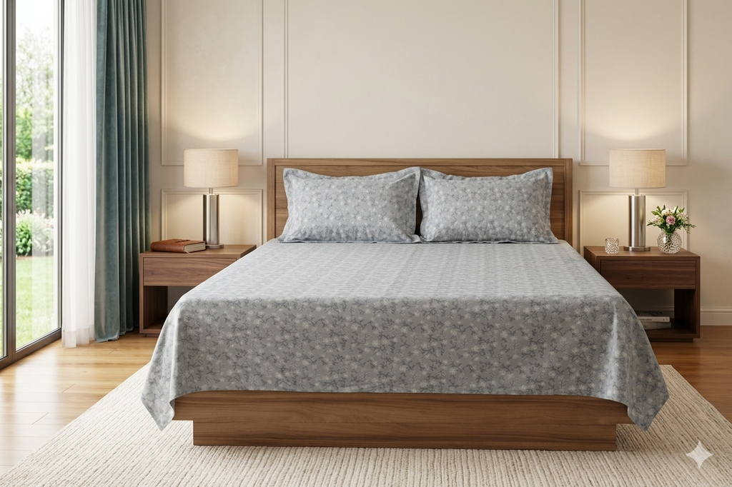 Elegant Grey Floral Queen Size Bedsheet with 2 Pillow Covers – Soft & Premium Cotton Feel