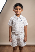 Boys White Geometric Print Co-Ord Set – Half Sleeve Shirt & Shorts