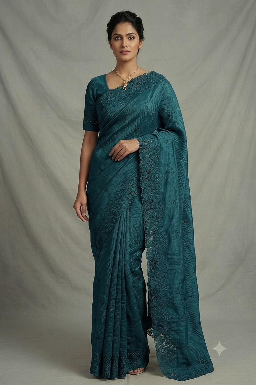 Elegant Crushed Organza Saree with Floral Lace Border – Premium Party & Occasion Wear