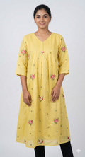 Yellow Floral Embroidered Flared Kurthi – Soft Cotton Casual Wear