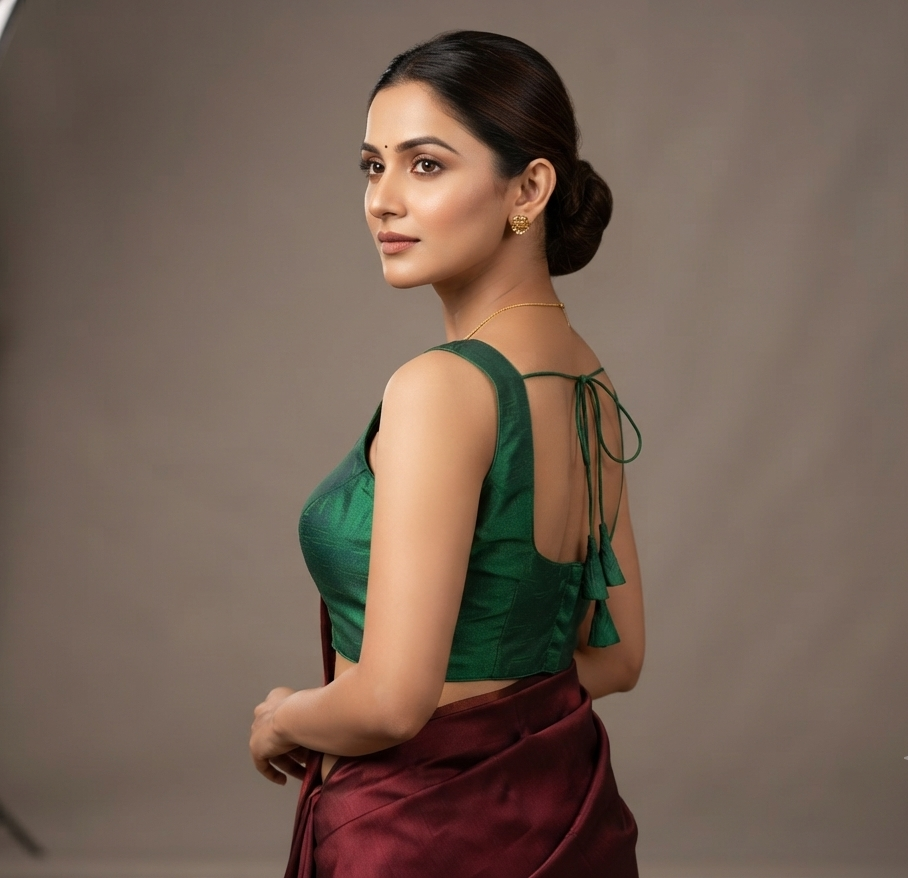 Women's Chanderi Silk Readymade Saree Blouse | Padded back Open Blouse | Boat Neck | Half Sleeves Included | Emerald Green