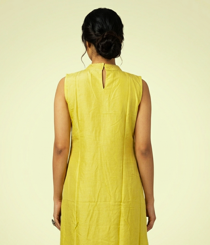 Women's Floral Woven Churidar a line Top with Sleeve Material – Lime Yellow | Round Neck Ethnic Kurti Top