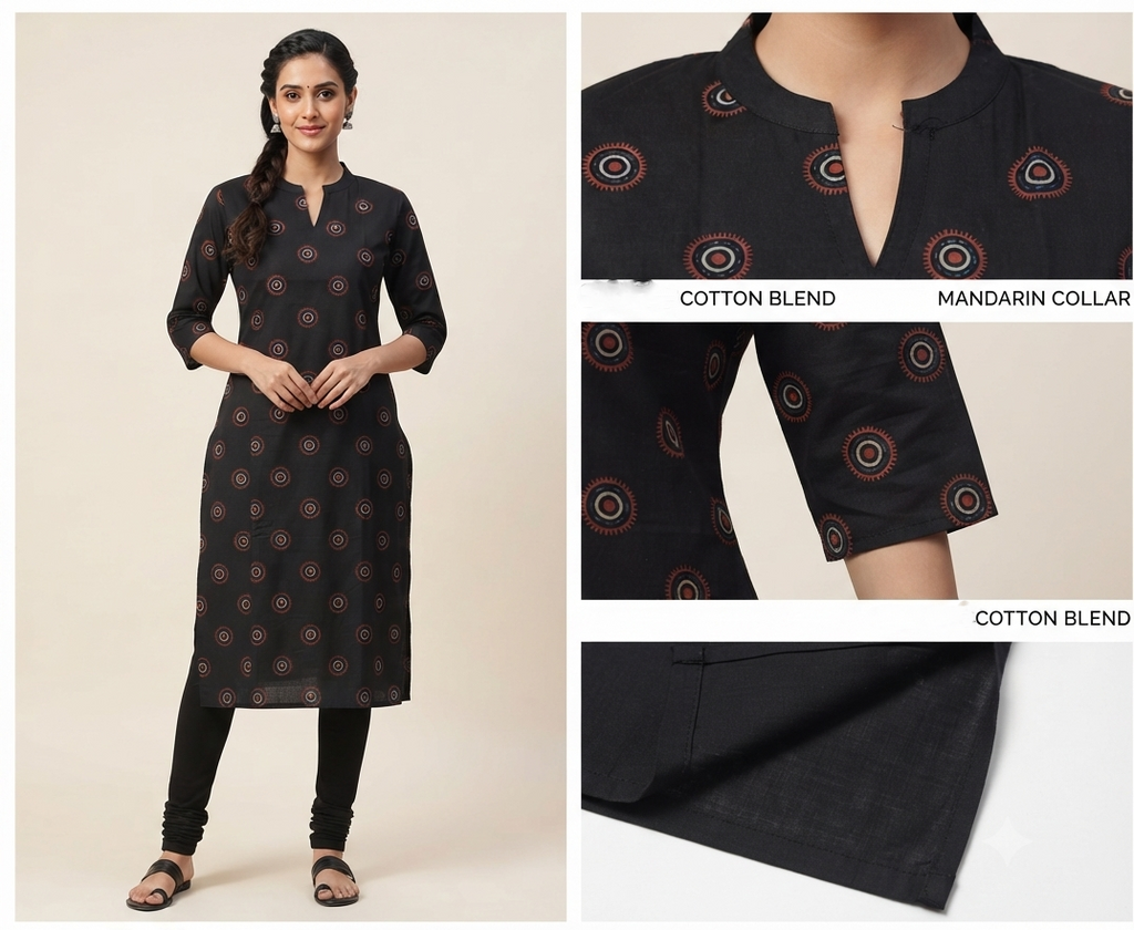 Women's Black Printed Churidar Top | 3/4 Sleeve Straight Kurti | Mandarin Neck | Top Only