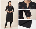 Women's Black Printed Churidar Top | 3/4 Sleeve Straight Kurti | Mandarin Neck | Top Only
