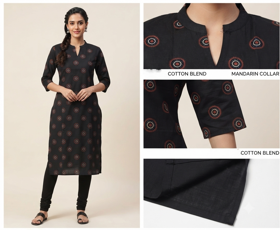 Women's Black Printed Churidar Top | 3/4 Sleeve Straight Kurti | Mandarin Neck | Top Only