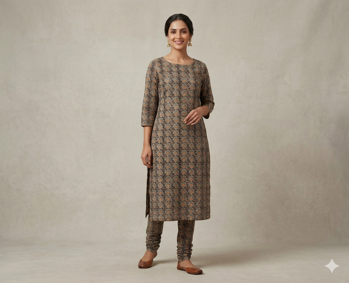 Midnight Swirl Kalamkari Cotton Churidar Material