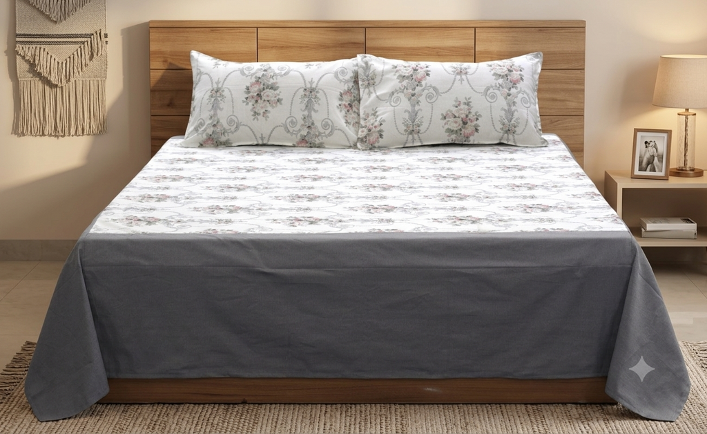 King Size Cotton Bedspread with 2 Pillow Covers | Elegant White &Grey Floral Printed Bed Cover |