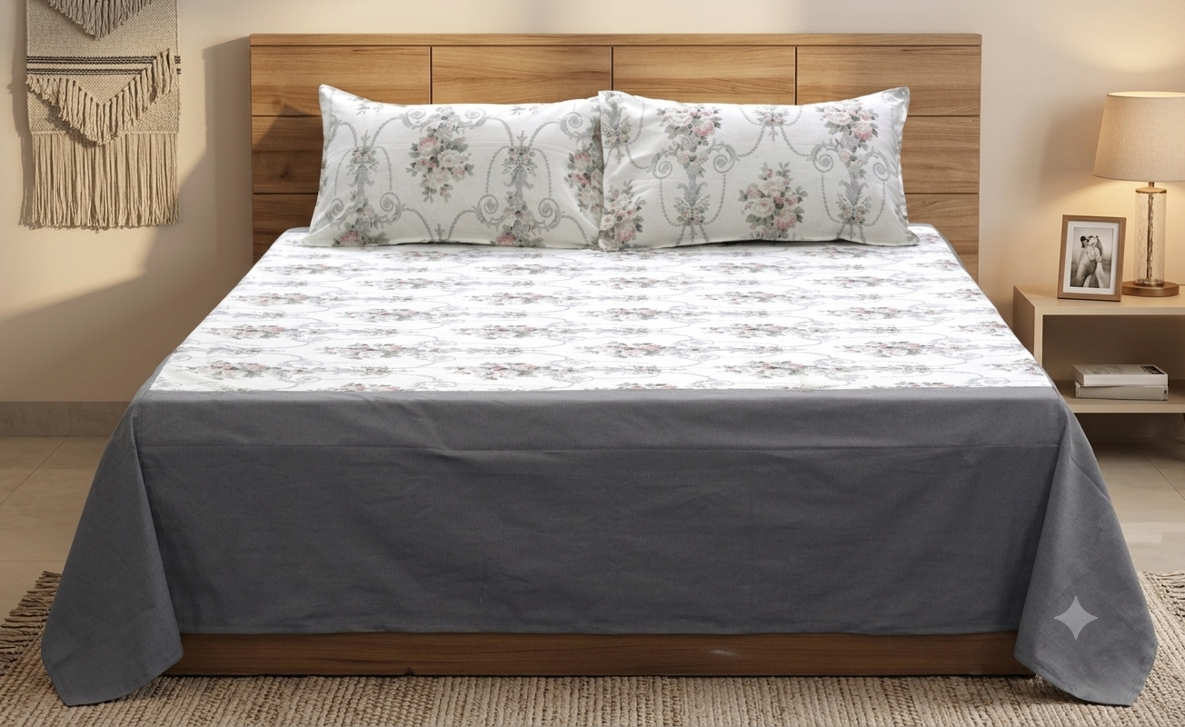 King Size Cotton Bedspread with 2 Pillow Covers | Elegant White &Grey Floral Printed Bed Cover |