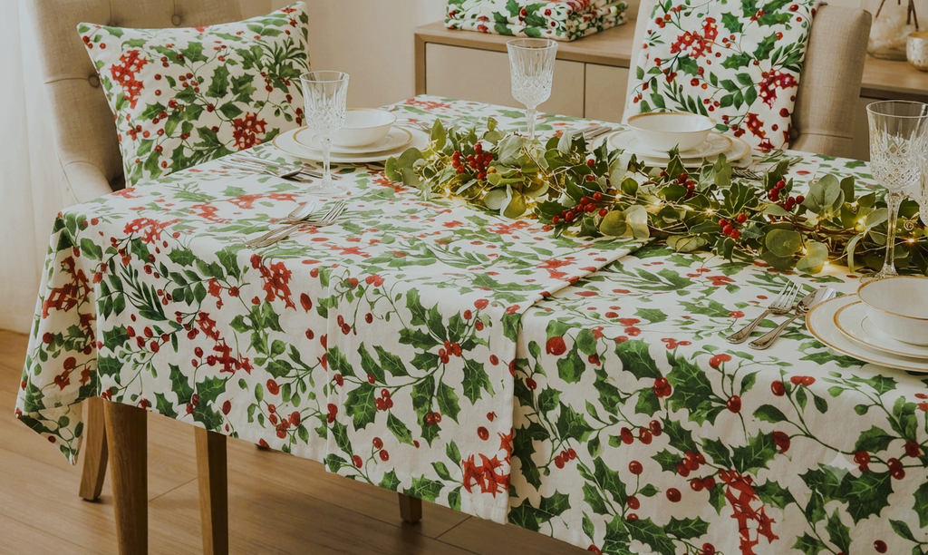 Christmas Holly & Berry Printed Fabric Running Material – 60 Inch Wide | Table Cloth, Table Runner & Cushion Cover Fabric