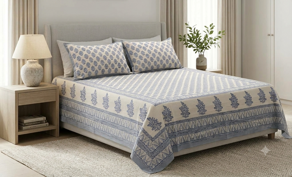 Queen Size Cotton Bedspread 90 × 100 Inches – Blue Floral Printed Design