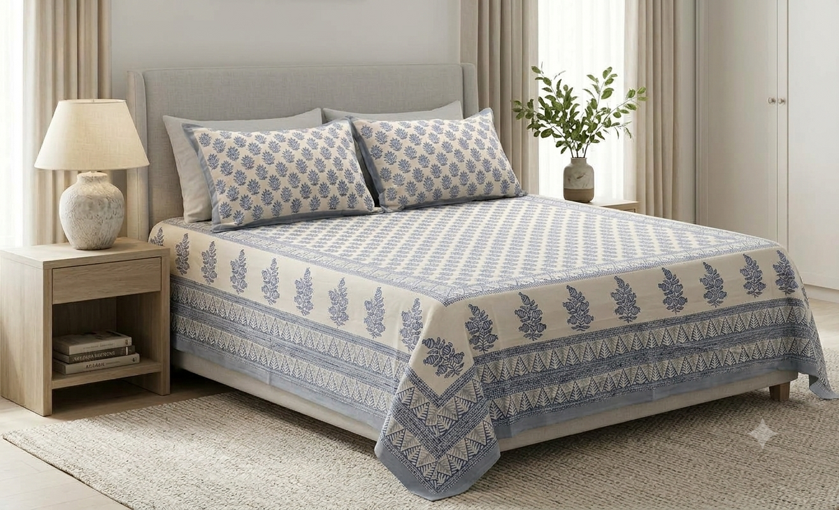 Queen Size Cotton Bedspread 90 × 100 Inches – Blue Floral Printed Design