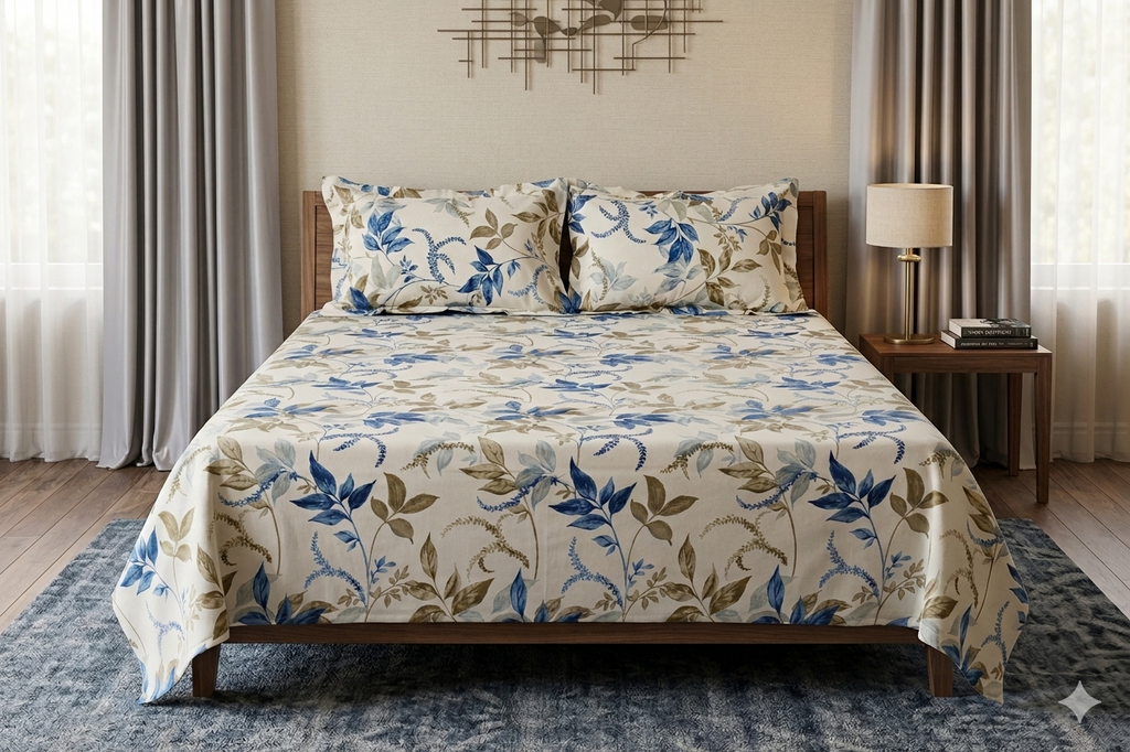 Elegant Blue Floral Queen Size Bedsheet Set