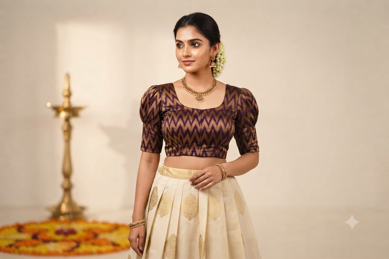 Women's Chanderi Silk Front Open Readymade Blouse –& Zigzag Design | Padded | Saree &Onam Midi Blouse