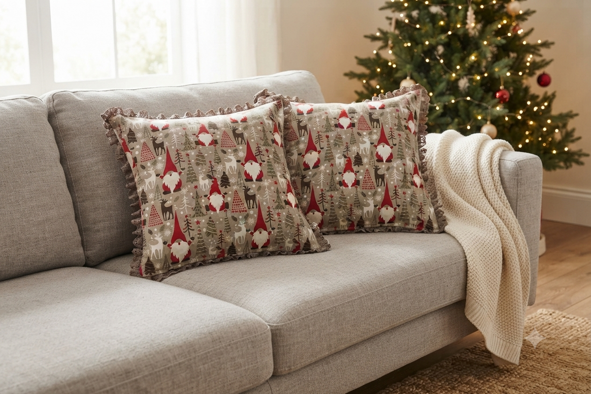 Christmas Printed Cushion Cover with Lace Border – 16×16 Inch