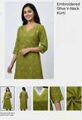 Olive Green Embroidered A-Line Women’s Top | Floral Embroidery | 3/4 Sleeves