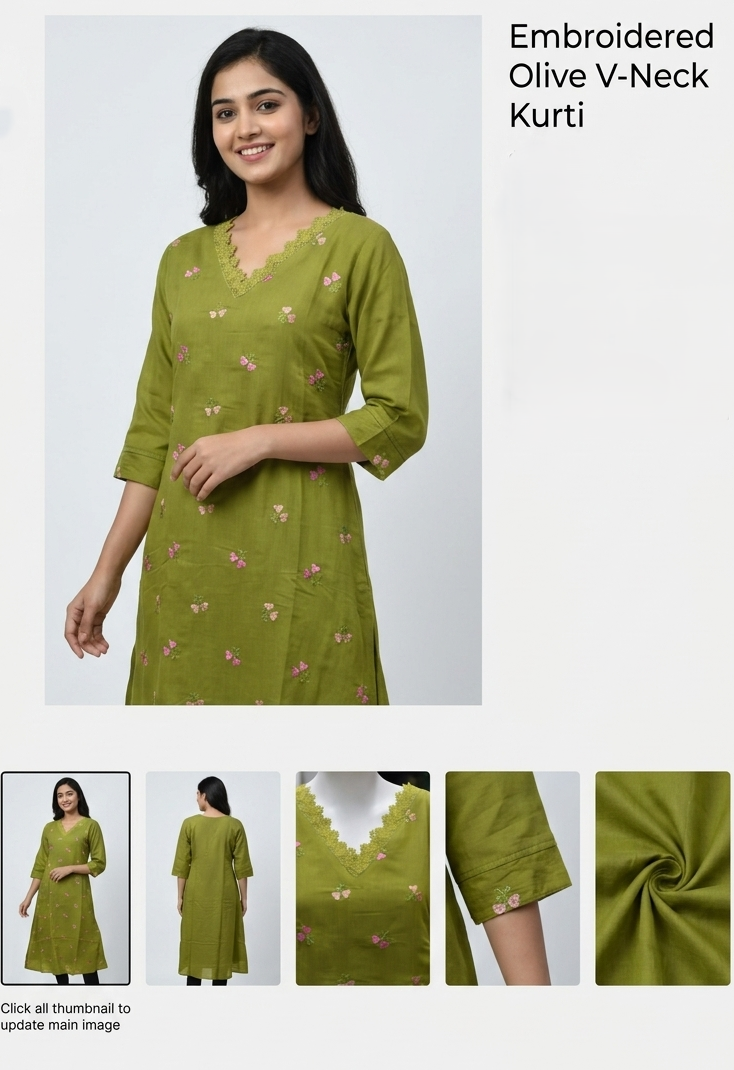 Olive Green Embroidered A-Line Women’s Top | Floral Embroidery | 3/4 Sleeves