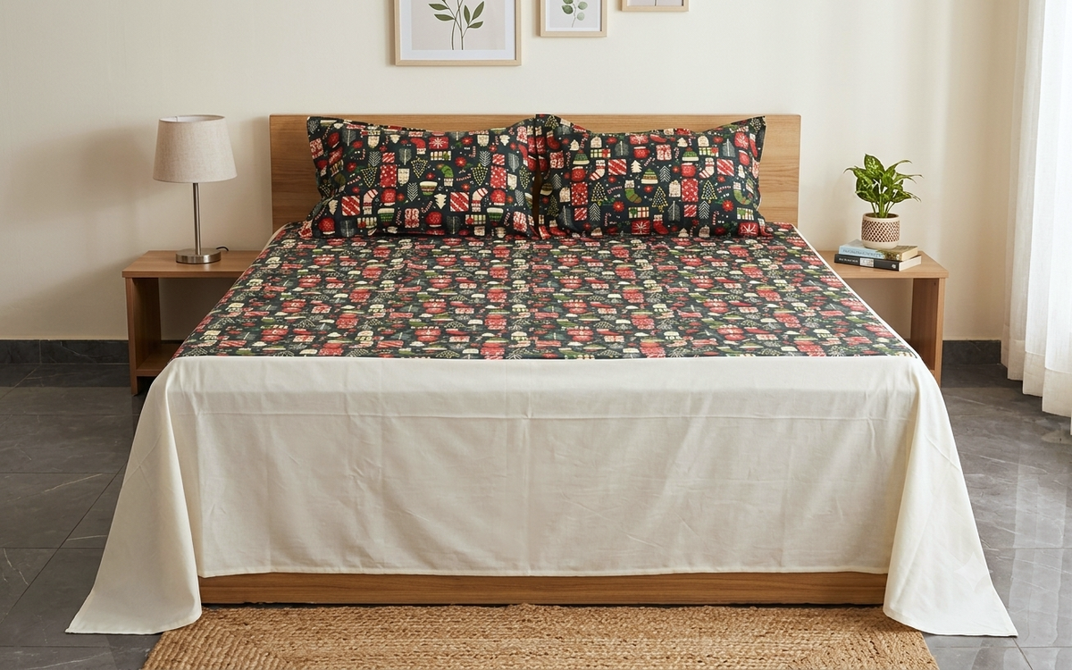 King Size Christmas Printed Bedspread – 100 × 110 Inches | Festive Bed Cover