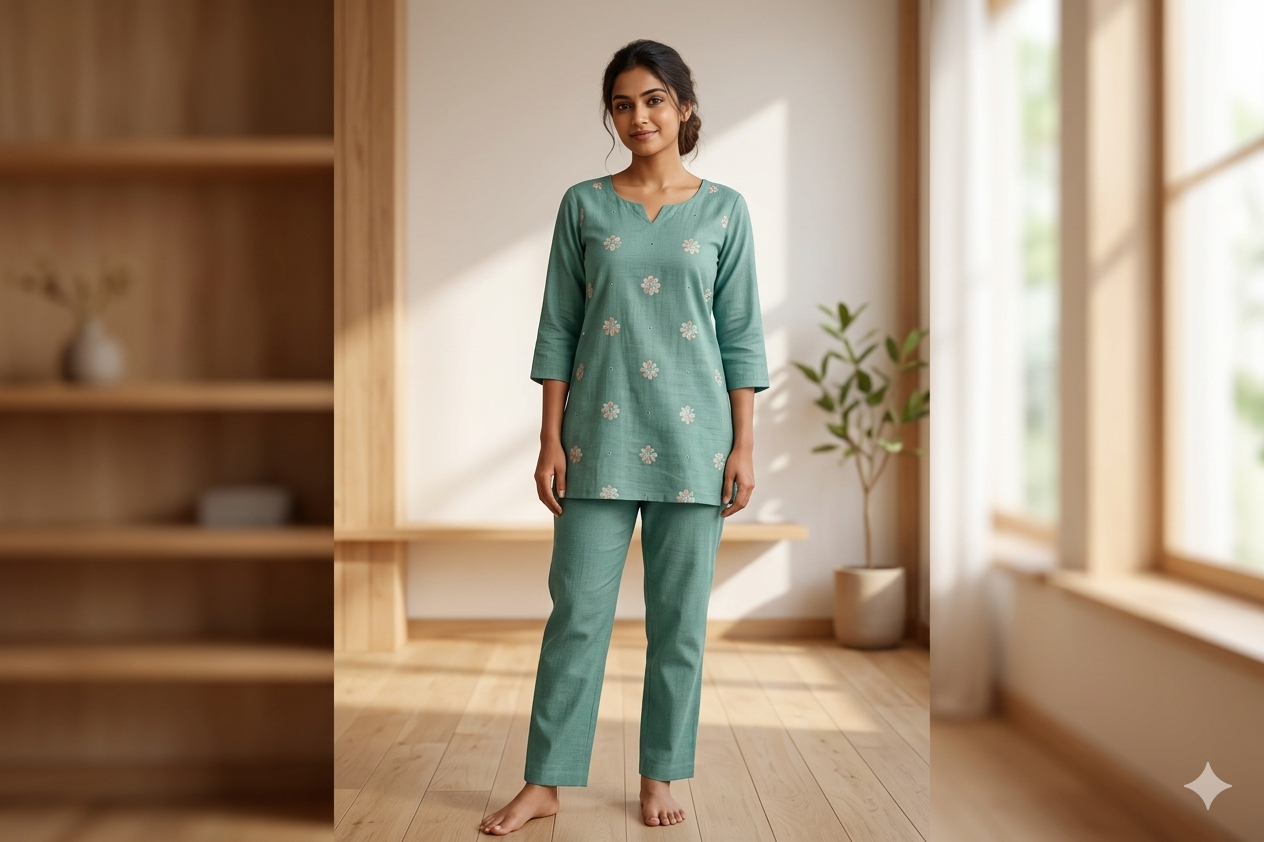 Elegant Mint Green Semi Linen Dress Material Set with Floral Embroidery (Top & Bottom)