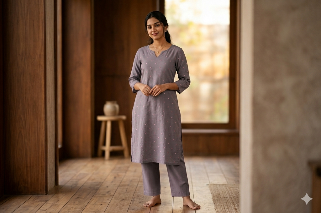 Elegant Grey Semi Linen Dress Material with Subtle Floral Buti – 44" Width (Top & Bottom Set)