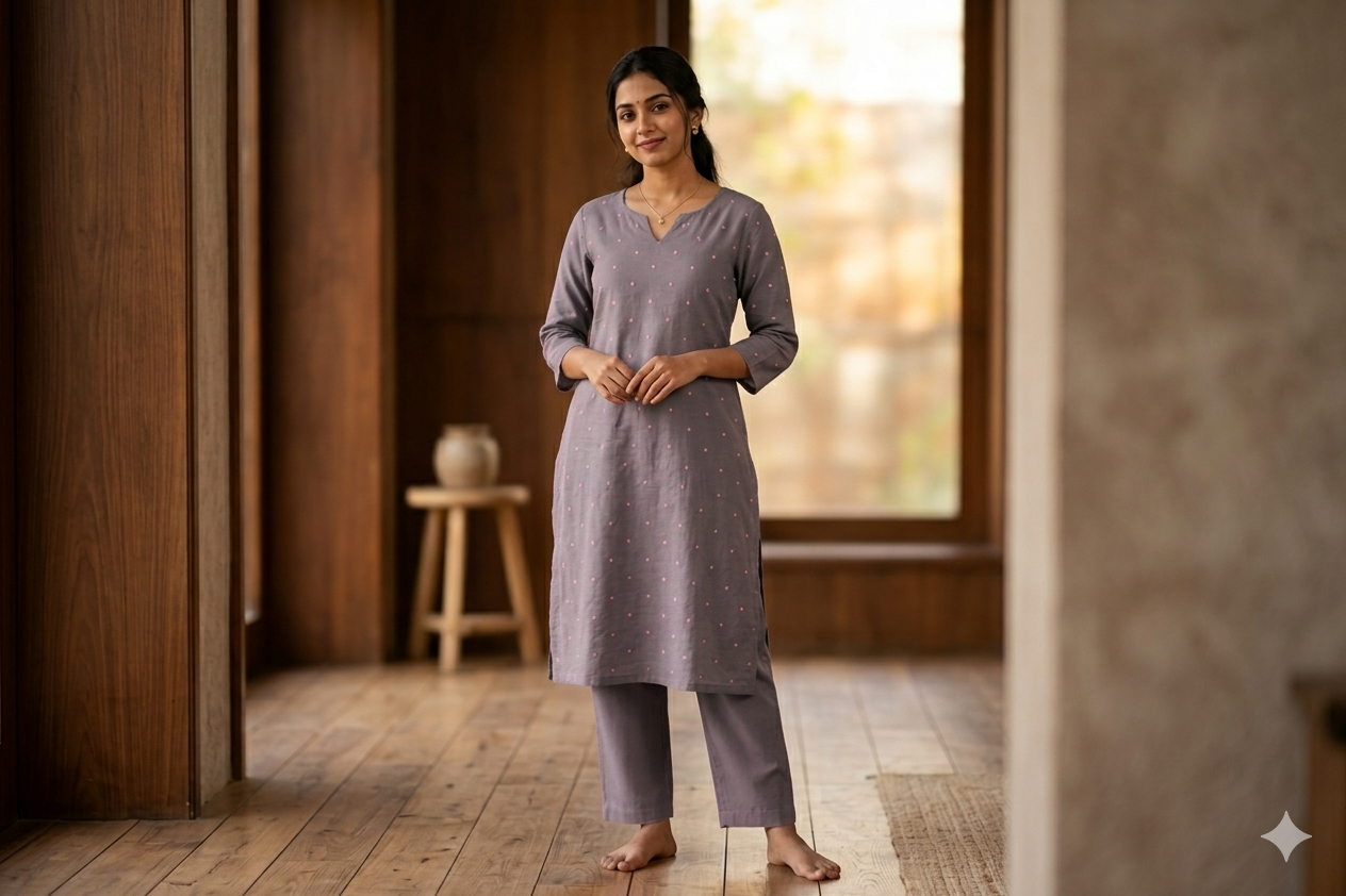 Elegant Grey Semi Linen Dress Material with Subtle Floral Buti – 44" Width (Top & Bottom Set)