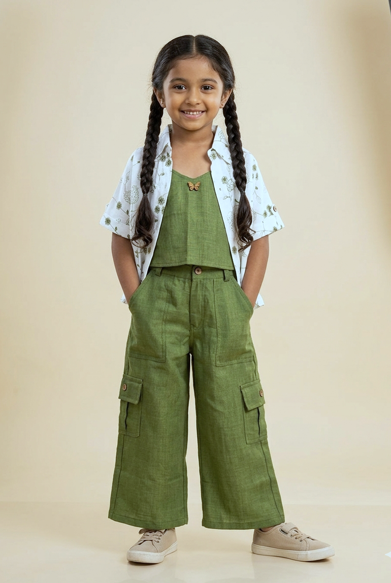 Girls Green 3-Piece Co-Ord Set with Printed Shirt & Cargo Pants