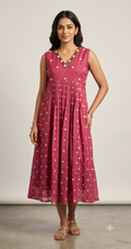 Women's Mull Chiffon Embroidered Churidar Top Only with V-Neck | Sleeves Material Included | Rose Pink