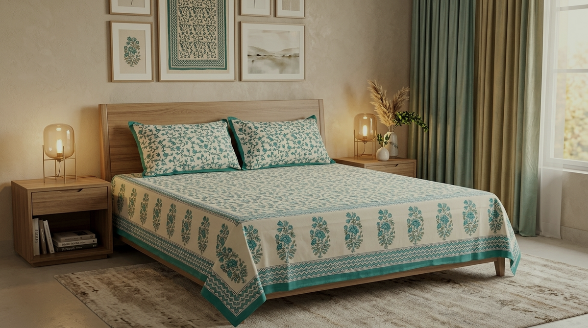 Queen Size Cotton Bedspread – Blue Floral Block Print | 90 × 100 Inches
