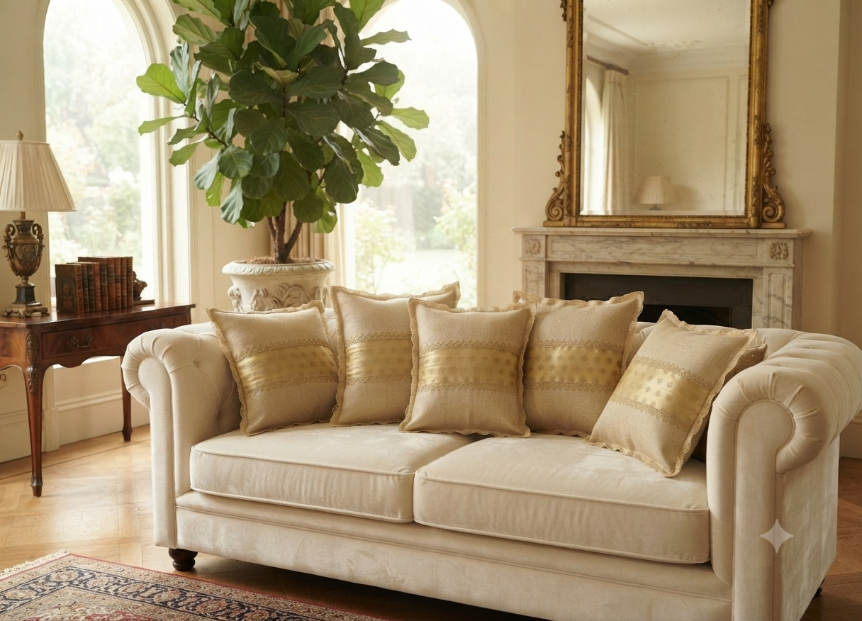 Premium Semi Jute Cushion Cover with Lace Border & Gold Woven Panel