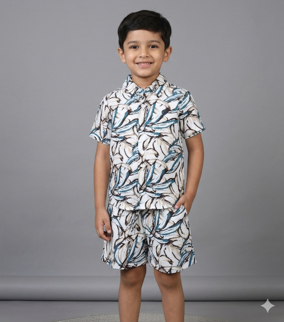 Boys Tropical Leaf Print Co-Ord Set – Half Sleeve Shirt & Shorts Matching Outfit