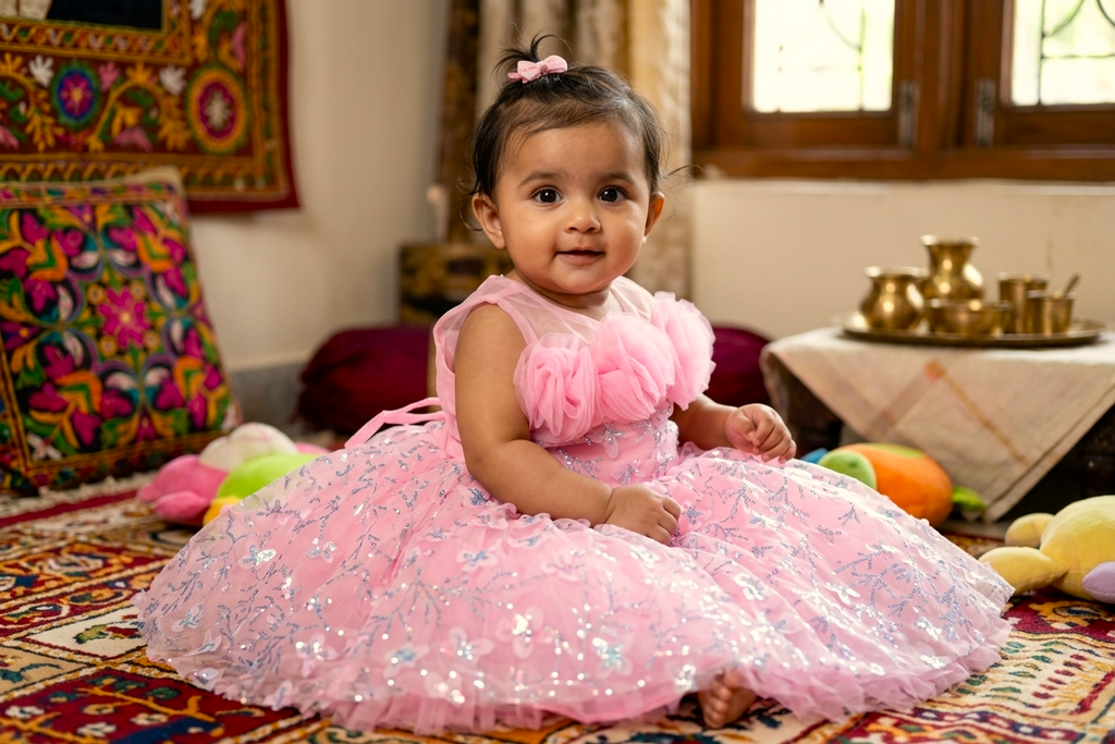 Pink Fancy Baby Girl Frock with Floral Sequin Embroidery