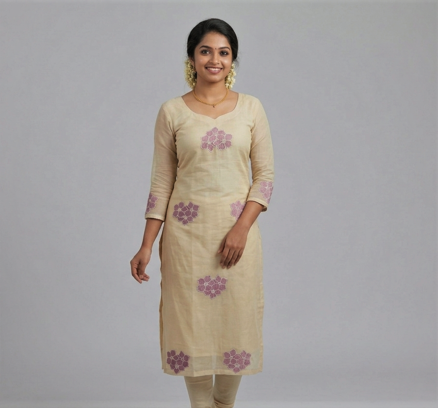 Mul Chandari Applique Work Top Fabric for Women – Off White with Floral Applique | 44 Inch Width | 2.5 Meter Dress Material