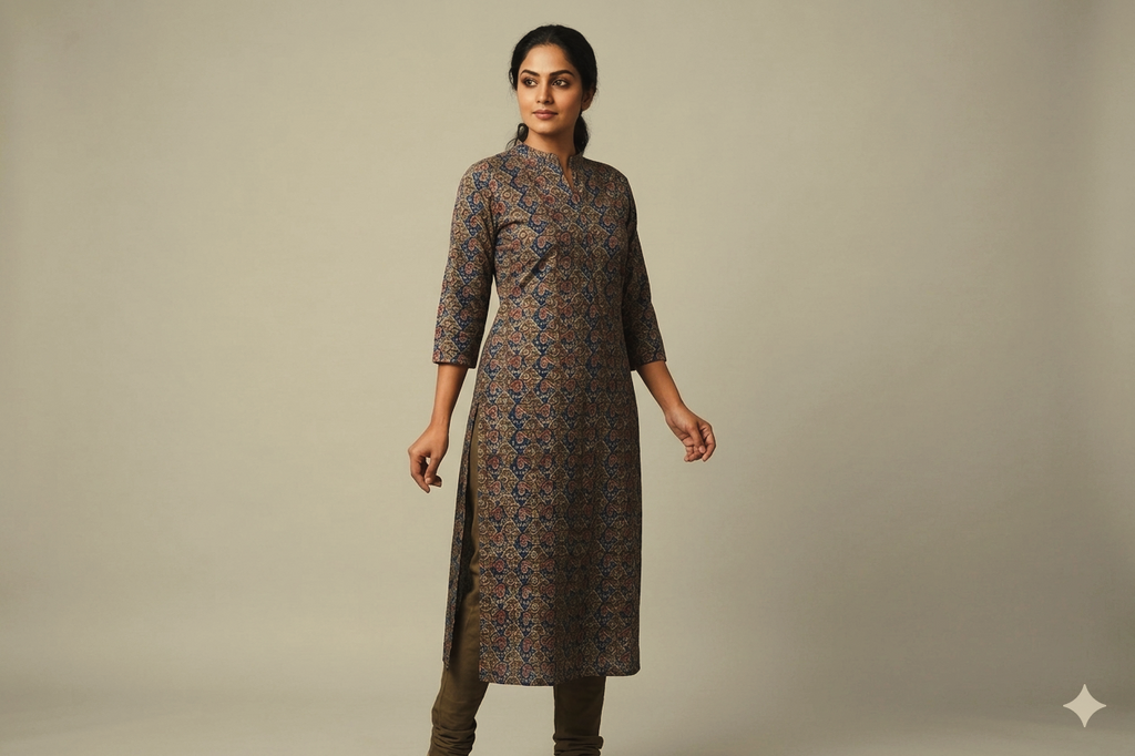 Royal Indigo Kalamkari Print Cotton Churidar Top Material – 2.5 Meter