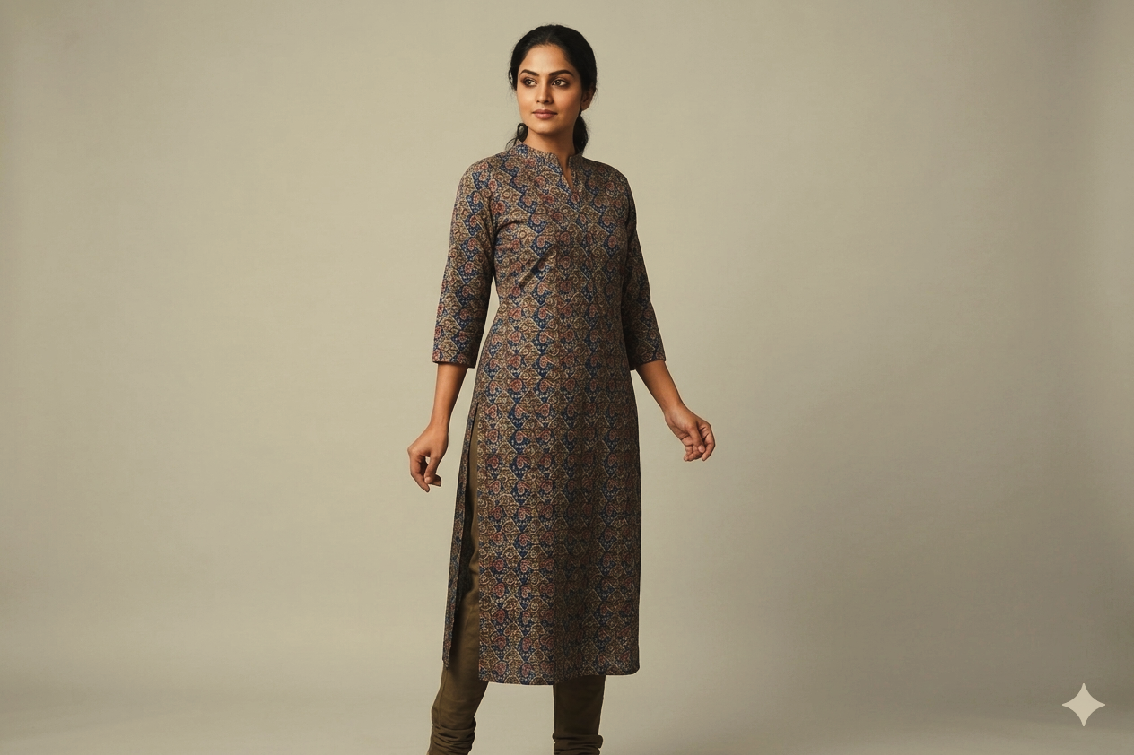 Royal Indigo Kalamkari Print Cotton Churidar Top Material – 2.5 Meter