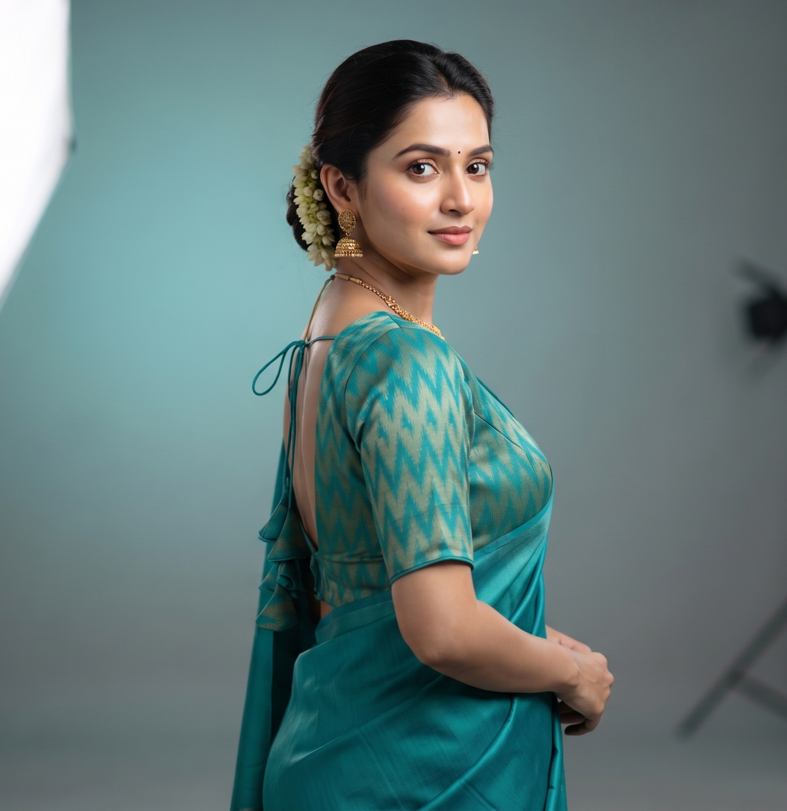 Women's Chanderi Silk Front Open Saree Blouse | Ready-to-Wear Designer Blouse | Teal Zigzag Pattern