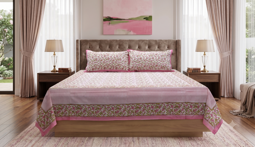 Queen Size Cotton Floral Printed Bedsheet with 2 Pillow Covers – Pink & White | 86 x 104 Inches
