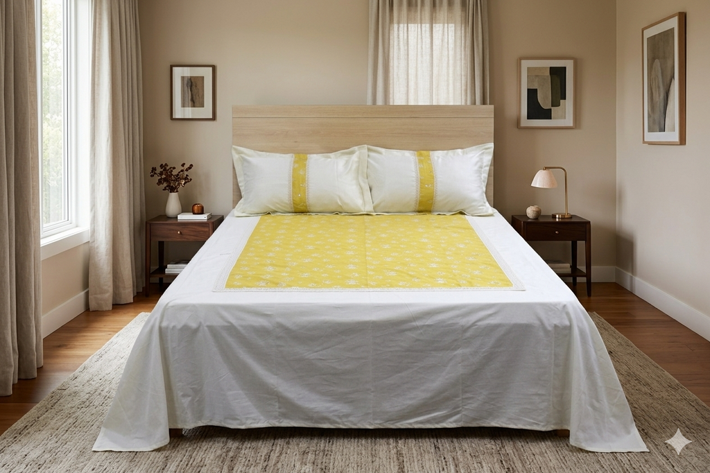 Elegant Ivory & Mustard King Size Bedspread Set with Matching Pillow Covers