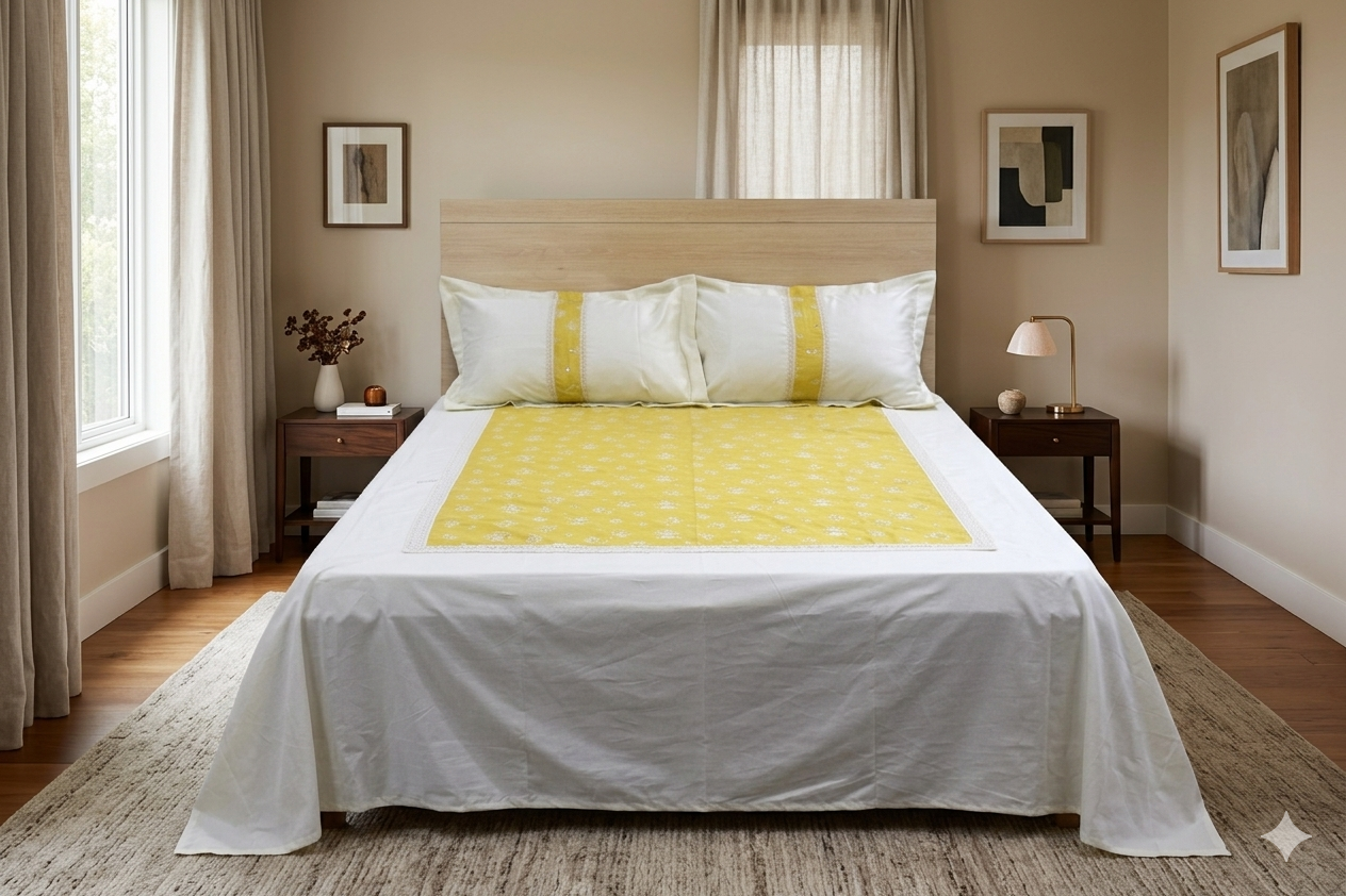 Elegant Ivory & Mustard King Size Bedspread Set with Matching Pillow Covers