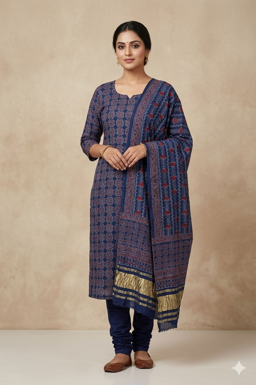 Midnight Indigo Modal Silk Churidar Material Set with Elegant Printed Design