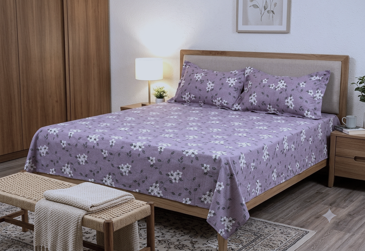 Queen Size  Bedspread – Lavender Floral Printed Bedspread with Pillow Covers