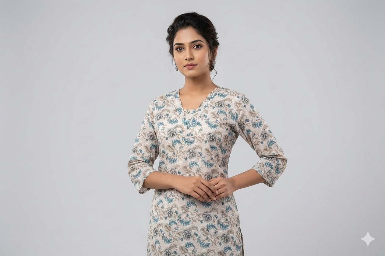 Elegant Beige Floral Print Flared Kurthi – Soft Cotton Blend | 3/4 Sleeve Casual Wear