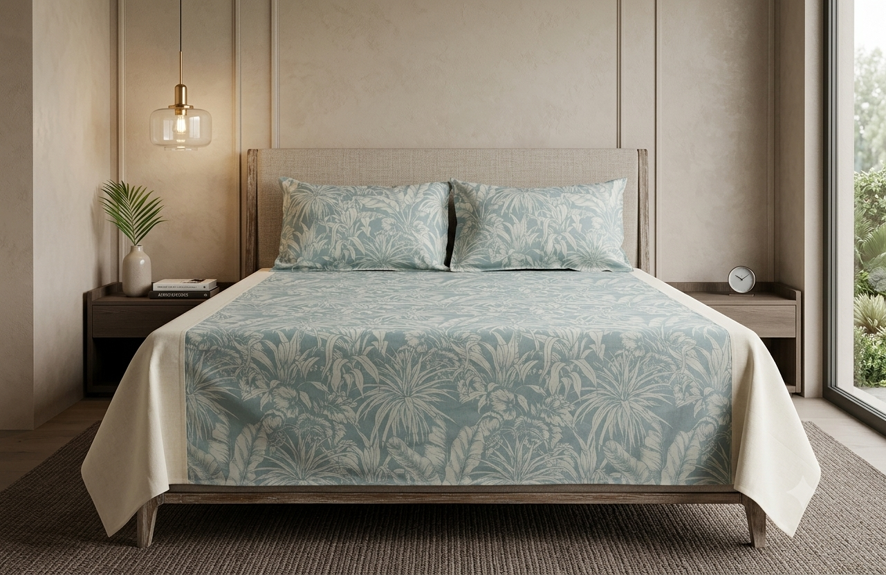 Queen Size Cotton Bedsheet with 2 Pillow Covers – Elegant Grey Tropical Leaf Print | Soft & Breathable