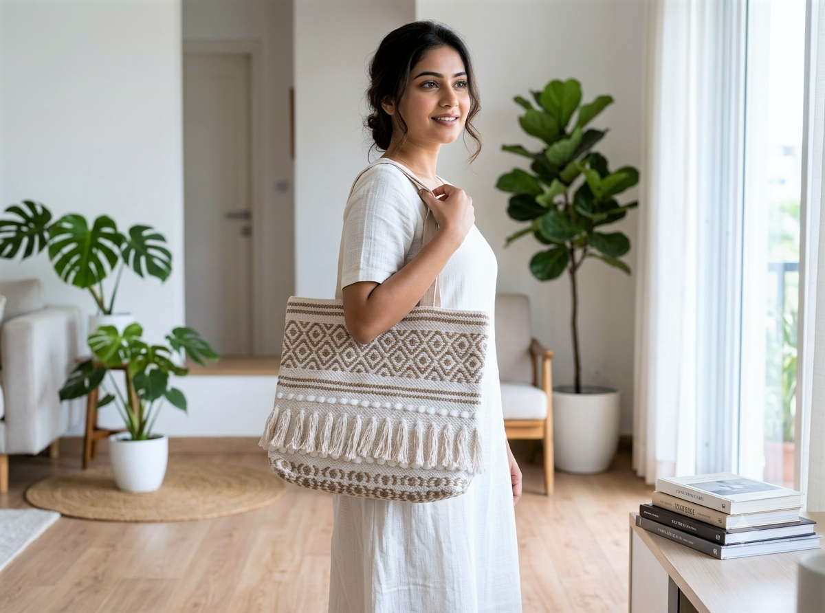Off-White & Beige Jute Cotton Blend Shoulder Bag with Tassel Detailing – Nushio by Pulpel