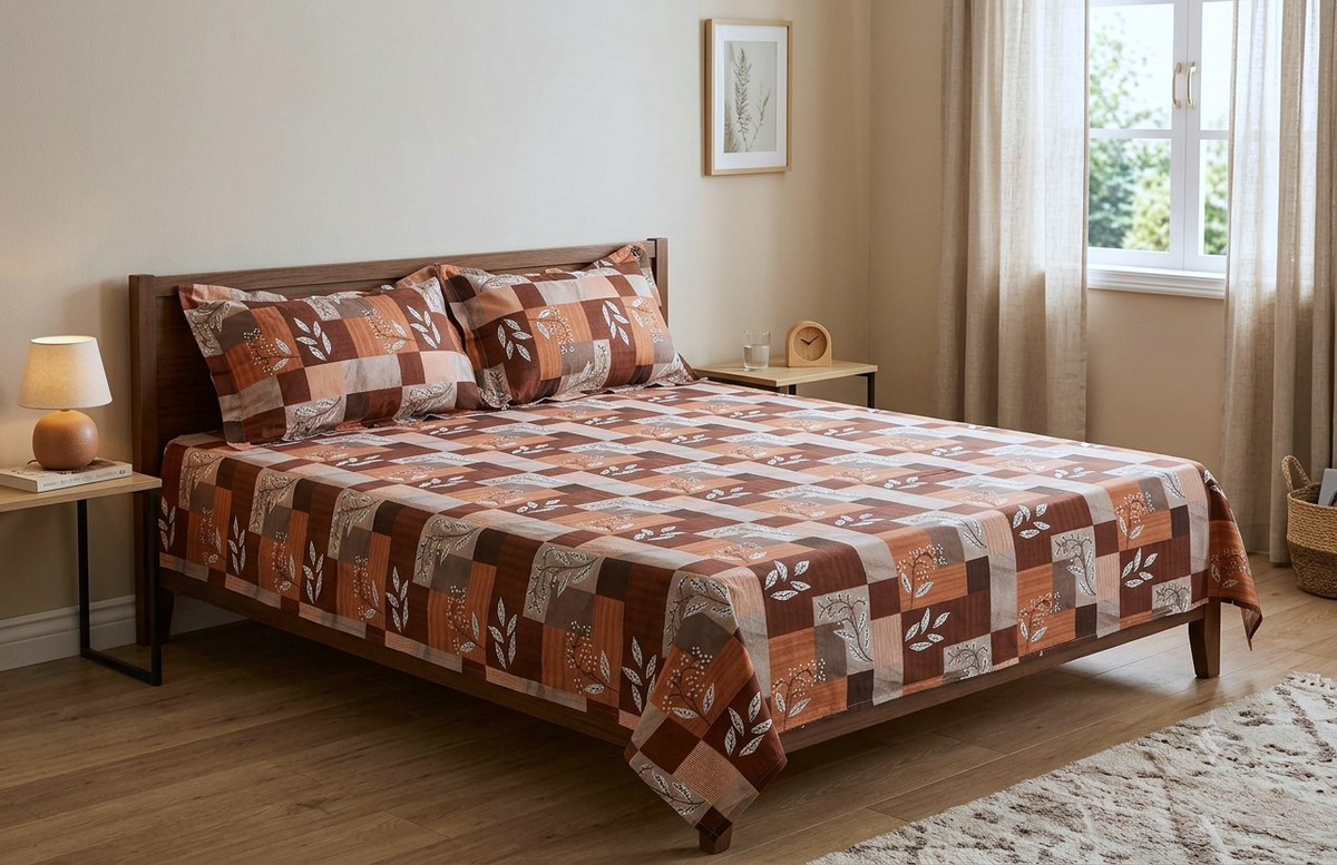 Queen Size Bedspread – Brown & Peach Floral Patchwork Print
