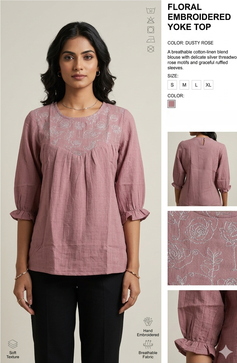 Dusty Rose Embroidered jeans Top – Casual Puff Sleeve Cotton Blend Top