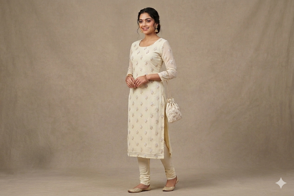 Ivory Floral Embroidered Mull Chanderi Dress Material – 2.5 Meter Top Fabric | 44 Inch Width