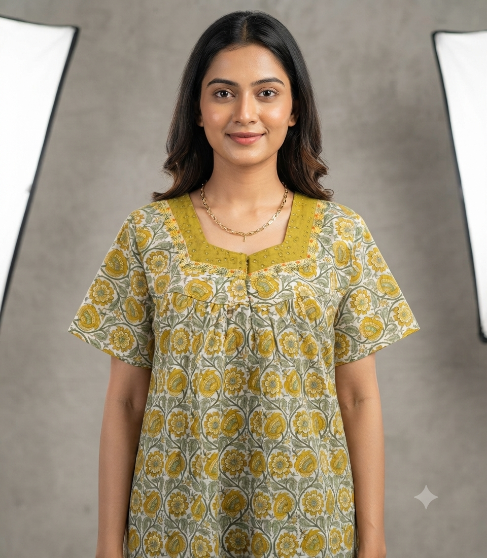 Women’s Cotton Full Length Nighty | Mustard Floral Printed Nightdress | XL