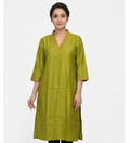 Green Printed  Churidar Top for Women | Embroidered V-Neck Kurti Top