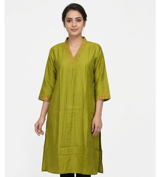 Green Printed  Churidar Top for Women | Embroidered V-Neck Kurti Top